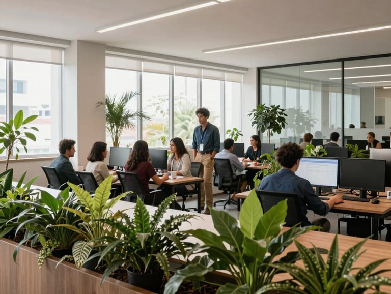 A wide shot of a contemporary Brazilian office space with green plants and large windows, a professional team collaborating in the background, bright and inspiring mood.