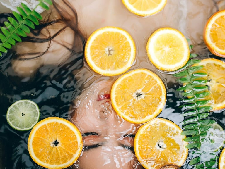 ( Asian ) woman in a bathtub with oranges and limes (body detox)