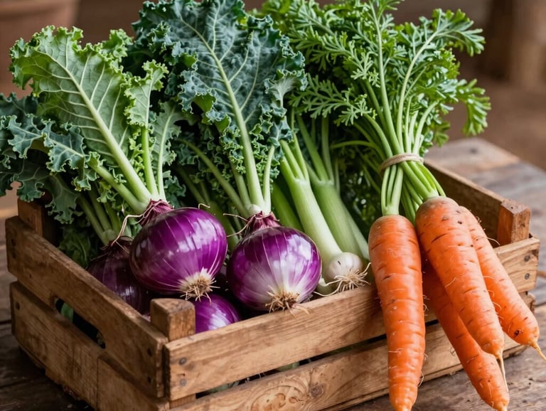 A vibrant still life of freshly harvested organic vegetables including purple onions, green kale, and bright carrots in a rustic wooden crate on a South American Brazilian farm table.