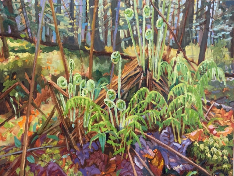 Forest Ferns and Fiddleheads - Painting by Mary Morey