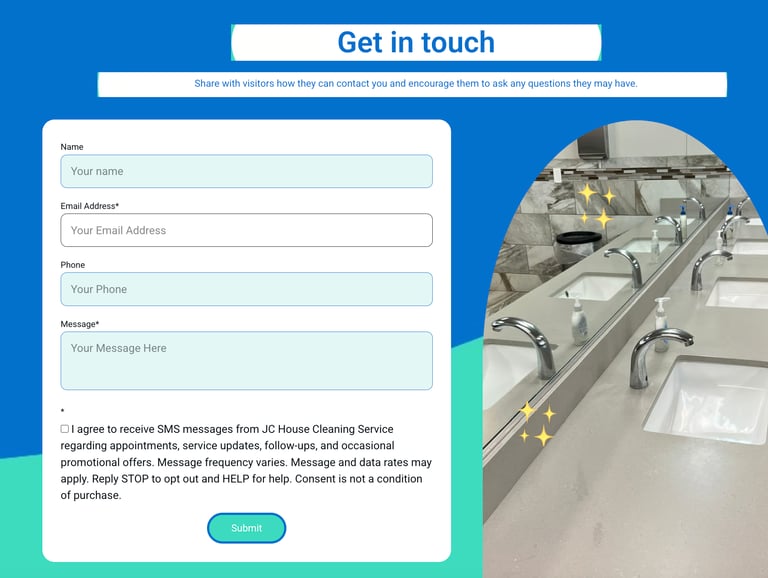Get in touch contact form for JC House Cleaning Service next to a clean commercial bathroom.