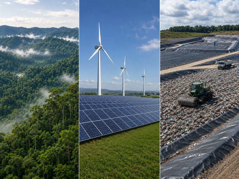 Triptych of a lush green rainforest, renewable energy wind turbines with solar panels, and a waste management landfill.