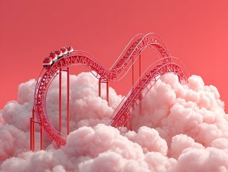 attraction de montagne russe qui monte au dessus des nuages, dans des tons roses