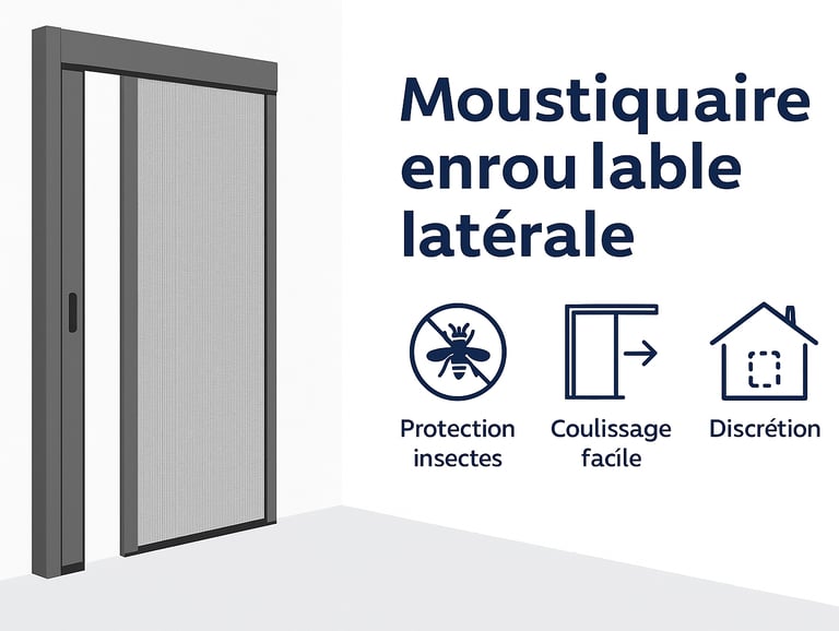 Moustiquaire enroulable latérale grise avec pictogrammes de protection et discrétion