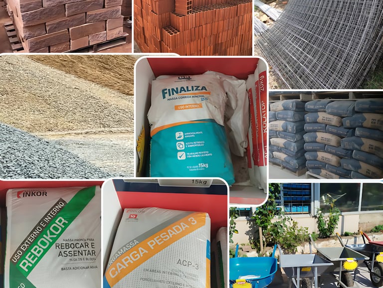 Arei, Brita, Cimento, Ferro, Cimentocola, Tijolo, Pedra