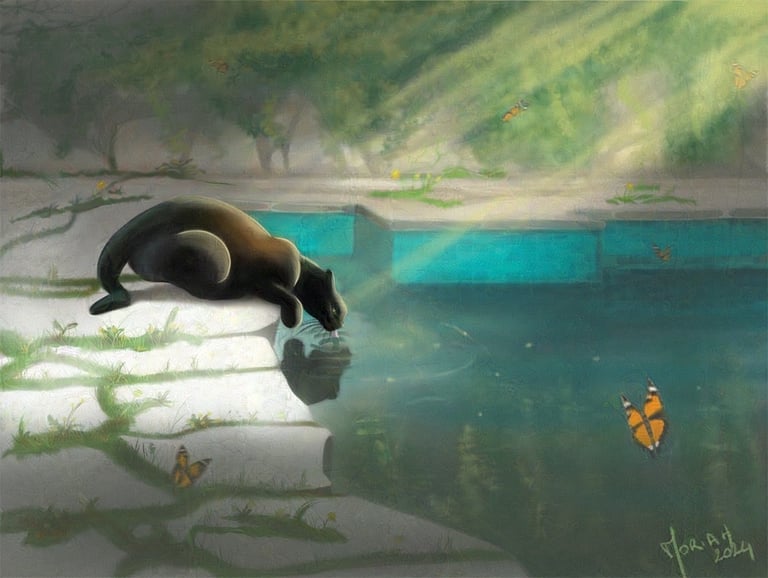 Black cat drinking water in nature 