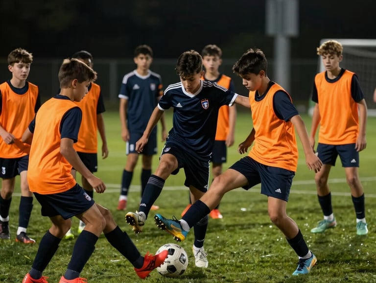 A diverse group of boys and girls aged 11 to 16 training on a lush green field in France, focusing on a technical passing drill, professional cinematography, high contrast lighting with yellow-orange tones.