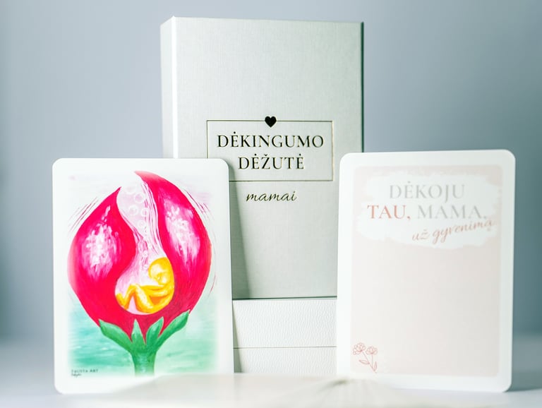 Dėkingumo dėžutė mamai. Santykio šiluma. Kortelės gilesniam ryšiui kurti.