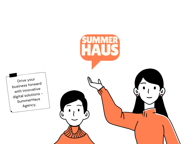 an illustration of a boy and a woman holding the SummerHaus logo 