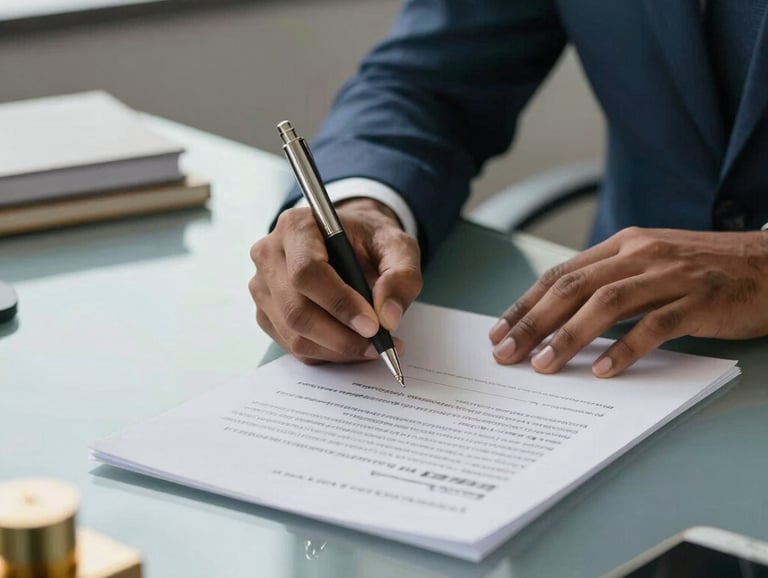 An action shot of a professional hand signing a contract on a sleek desk in a modern Indian corporate setting, steel blue and gold desk accessories, bright and reliable atmosphere.