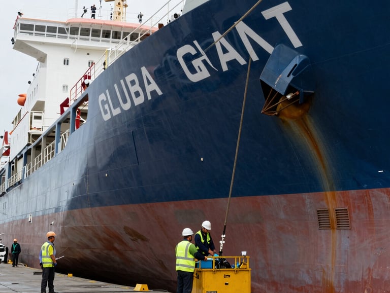 Marine engineer performing maintenance on a ship's engine at a dockside facility.