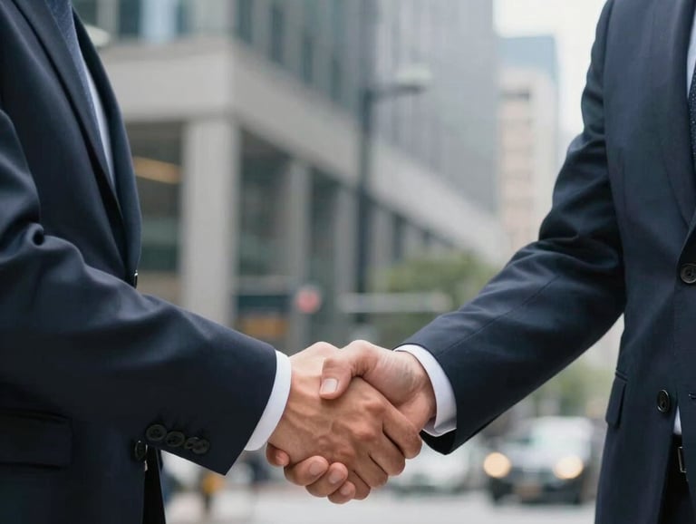 A candid shot of a successful professional handshake between two people in business casual attire, set against a blurred background of a modern US downtown area.