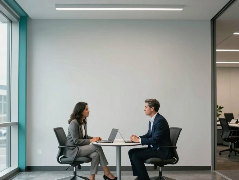 A wide-angle photography shot of a bright, modern North American office interior with light gray walls and teal accents, featuring two professionals in a mentor meeting.