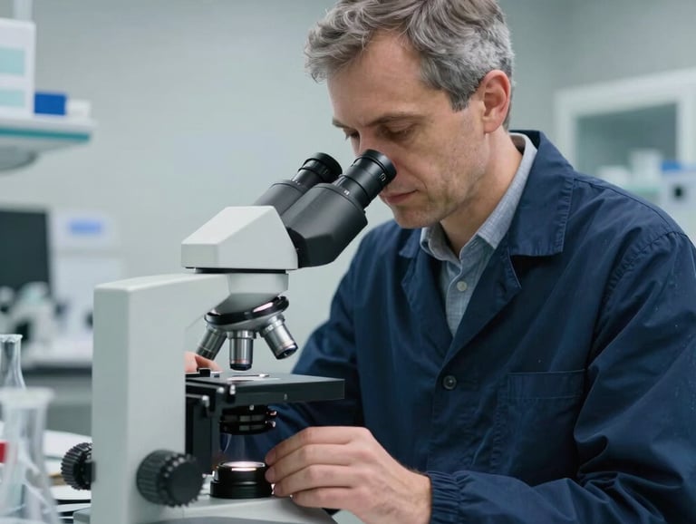 A professional portrait-style photograph of an international scholar working in a high-tech science lab. Clean, clinical lighting, focus on a microscope. Colors include light grey and navy blue, projecting academic rigor.