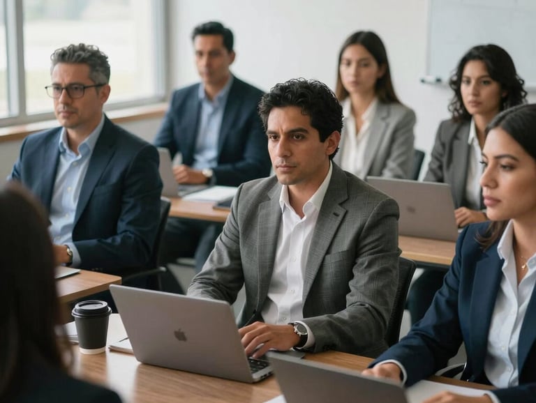 A group of professional Latin American business people engaged in a dynamic workshop, natural lighting, a collaborative and inspiring atmosphere, corporate style.