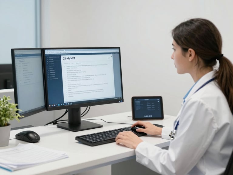 A friendly medical virtual assistant working remotely with healthcare documents and a headset.