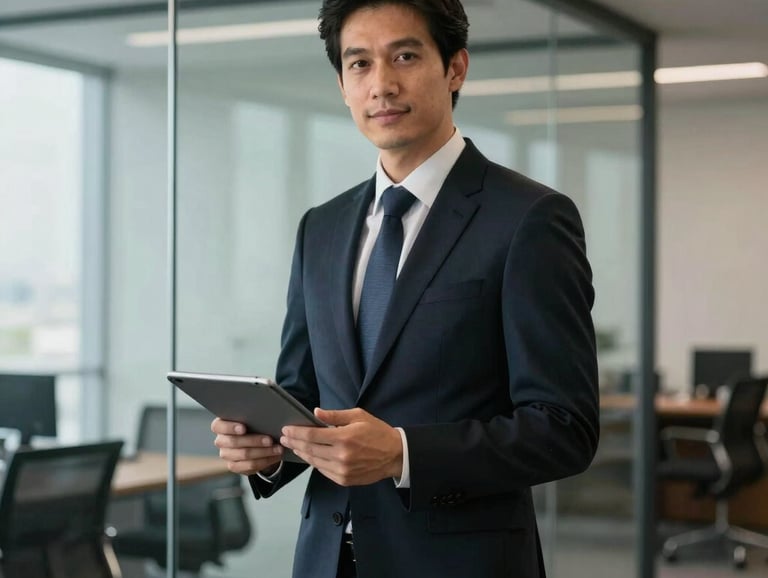 Professional Brazilian lawyer in formal attire standing in a modern office with glass walls, holding a digital tablet, looking confident.