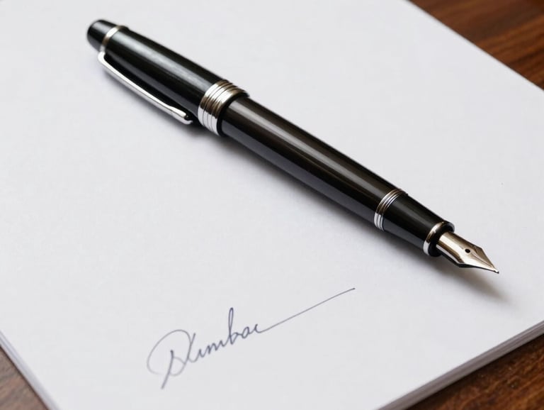 A detailed photograph of a professional fountain pen resting on a signed legal document on a mahogany desk in an Australian law firm. The light is clean and suggests authority and integrity.