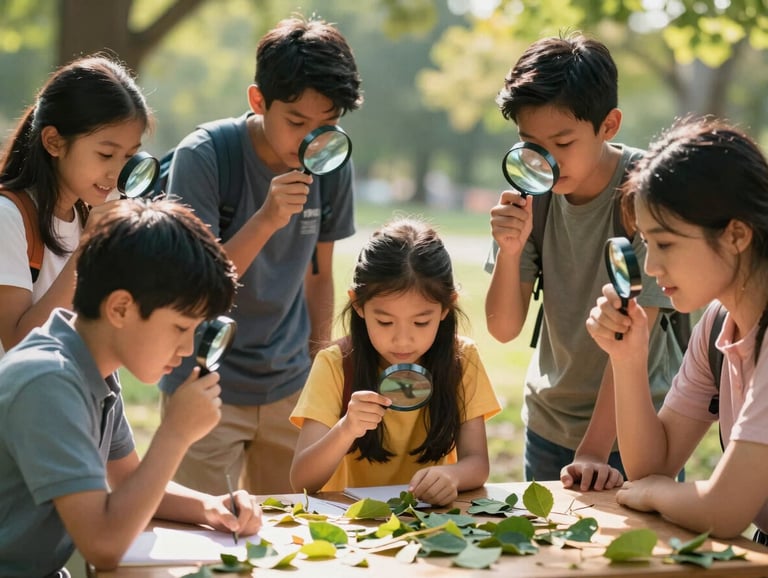 A group of North American homeschooling families gathered in a park for an outdoor science lesson, looking at leaves through magnifying glasses, bright natural sunlight.