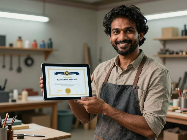 Portrait of a smiling South Asian artisan in a well-lit workshop, proudly holding a digital tablet that displays a certificate of excellence.