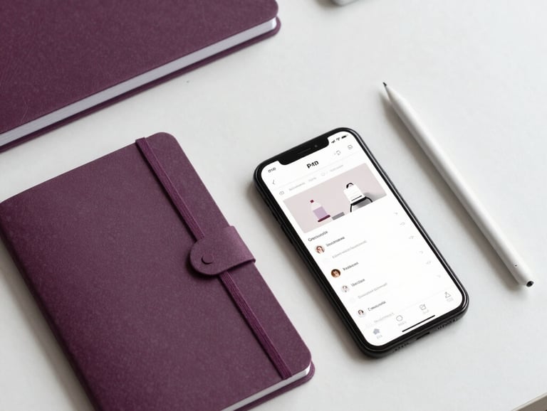 A minimalist top-down view of a designer's desk in a US-based studio. High-quality paper notebooks, a digital stylus, and a smartphone displaying a clean website layout. Colors of muted plum and white dominate the scene.