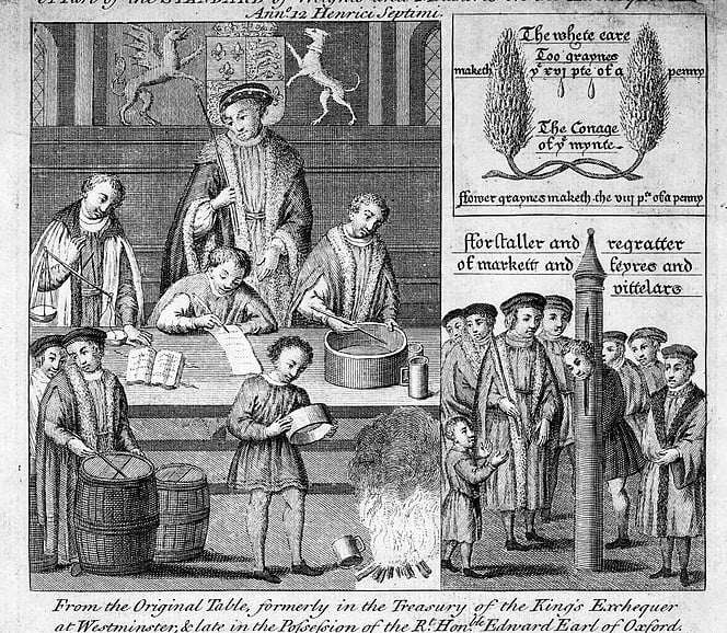 Henry VII watches over the trial of official English weights and measures, 1496