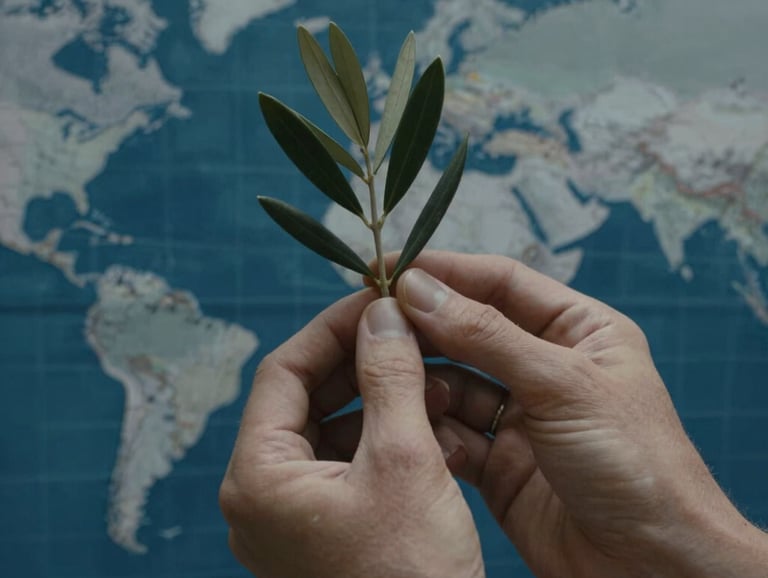 A close-up of a pair of hands holding a small olive branch over a world map, soft cinematic lighting, global Spanish-speaking context, colors of dark blue and gray-blue.