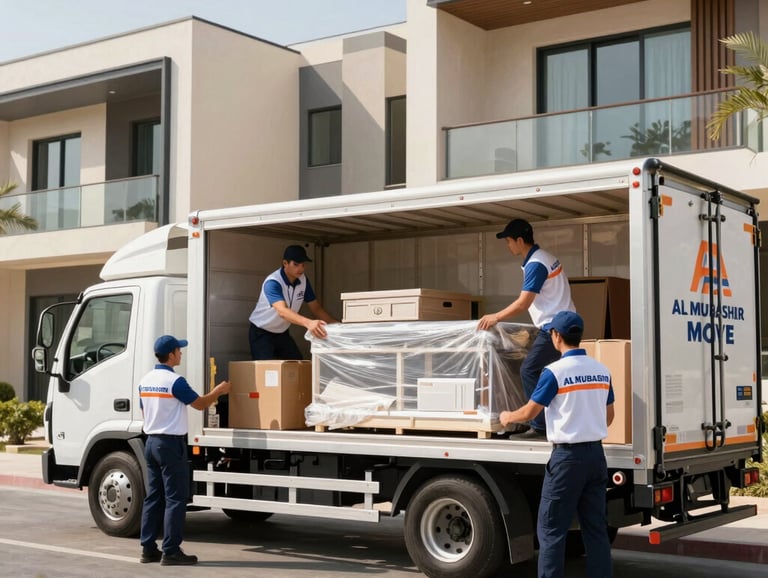 Professional movers wrapping a wooden dining table in protective bubble wrap inside a bright modern high-rise apartment in Middle Eastern / Gulf (Abu Dhabi, UAE).