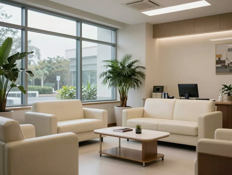 A refined, calm interior of a modern clinical office. Large windows, potted plants, and premium ivory-colored furniture. North American / US style, authoritative yet welcoming atmosphere.