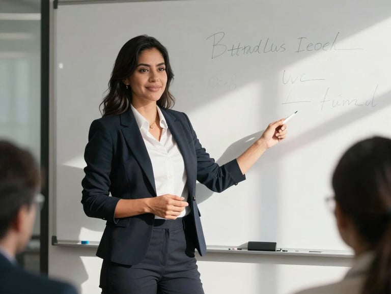 A Latin American professional woman leading a training session with confidence, standing in front of a white board, sunlight streaming into a modern office, professional and experts vibe.