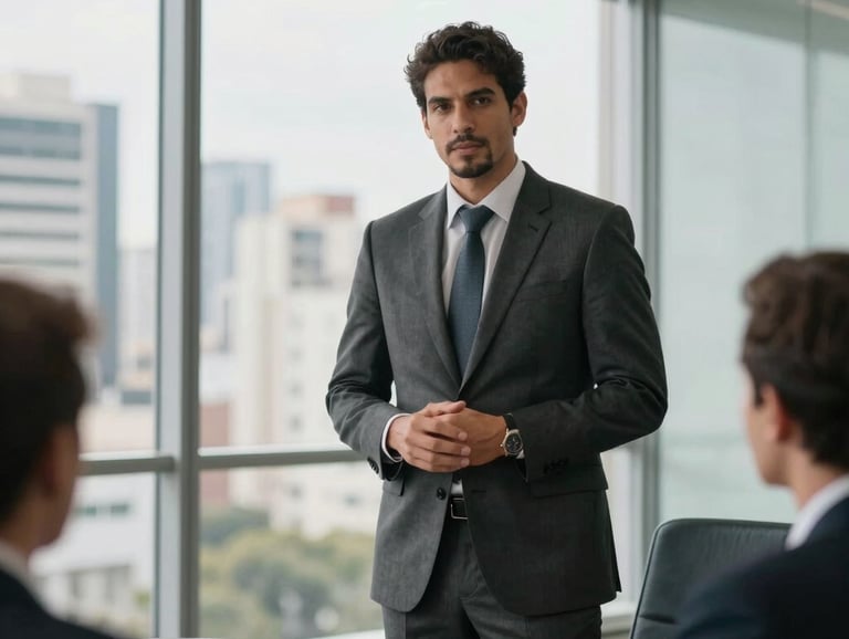 Professional portrait of a confident Brazilian businessman in a charcoal suit, presenting to a group in a glass-walled conference room. The background shows a blurred cityscape of a metropolis like São Paulo. Natural daylight, high-end corporate photography.