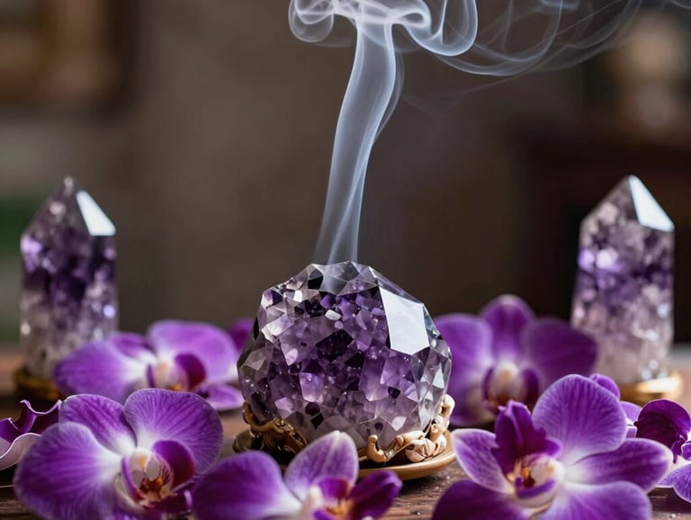 Photography of a serene South American indoor altar with purple orchid petals, soft incense smoke, and polished amethyst crystals, conveying a mystical and professional atmosphere.