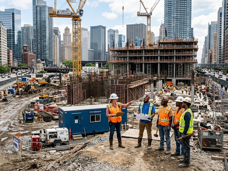 Construction workers at a large construction site.