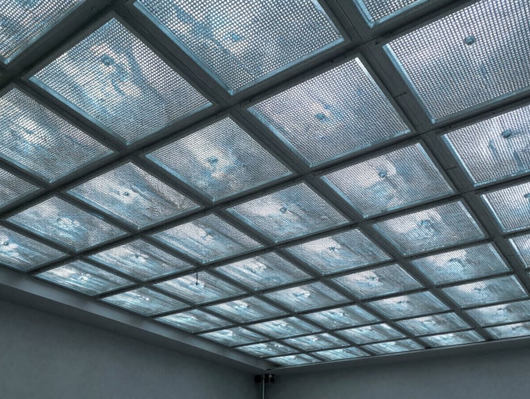 Wide architectural shot of a ceiling installation in progress showing a diffuser array of perforated metal panels in a grid pattern, cool north-facing construction light, empty commercial space, no people, detail of panel joints and fixing hardware visible