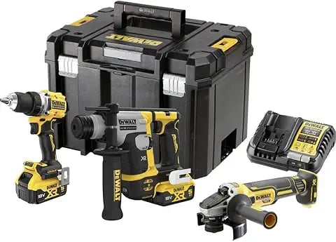 DeWalt cordless power tool set with drill, rotary hammer, angle grinder, and TSTAK case.