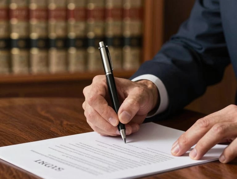 A high-quality photo of professional hands signing a document on a mahogany desk, with a blurred bookshelf containing legal volumes in the background.