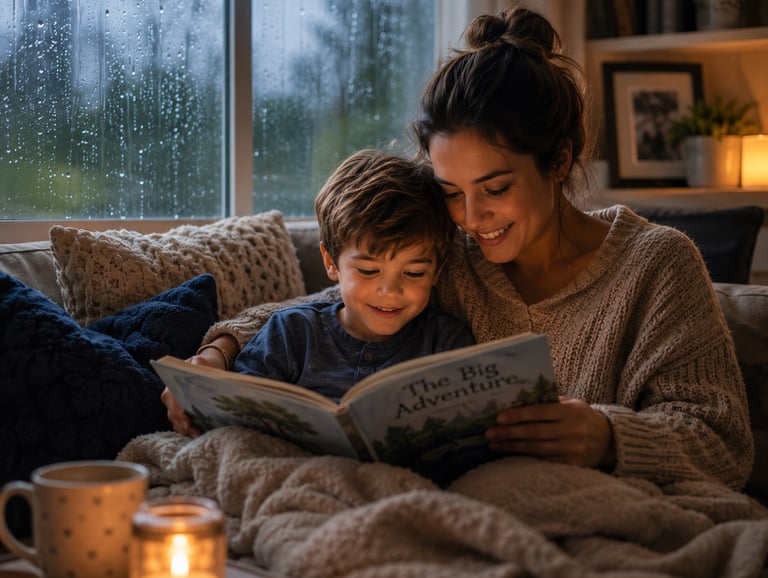 A mother and son reading a book on a rainy day. 