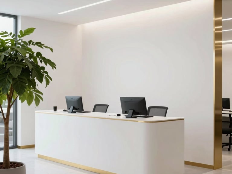 A clean, minimalist high-end learning hub interior with white walls, gold accents, and a large green plant. Global / Western.