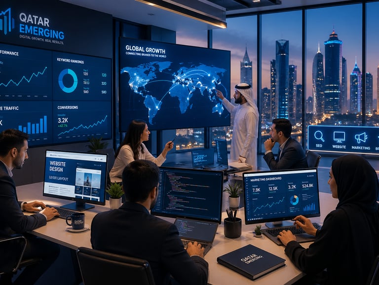 Digital marketing team in a Qatar office analyzing SEO performance and global growth data on large screens.