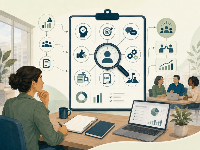 Professional woman analyzing employee performance data and HR metrics on a large digital clipboard.