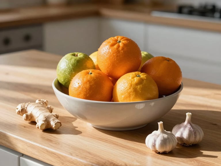A beautifully composed still-life photograph of a bowl of colorful citrus fruits, ginger, and garlic on a light wood kitchen counter in a North American home, illuminated by morning sun.