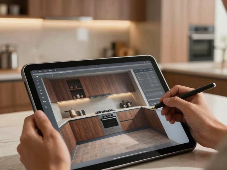 A designer's hand using a digital tablet to showcase a sophisticated 3D kitchen render, modern studio background, warm brown and beige tones, Hispanic / Latin American professional environment.