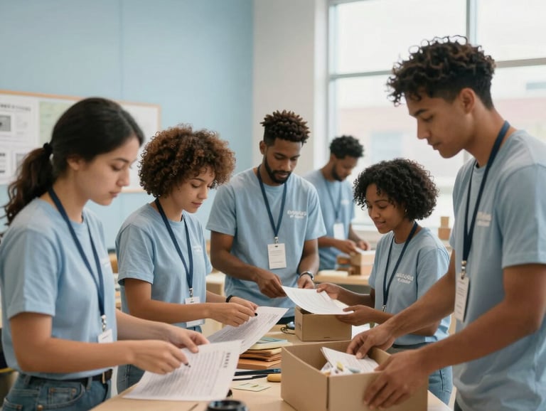A group of diverse volunteers working together to organize educational resources in a community center. The scene is bright and optimistic, set in a North American urban environment with pale blue and sand color accents.
