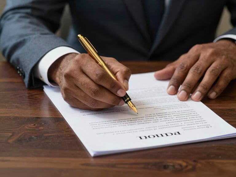 Close-up of hands signing a formal legal document with a golden fountain pen on a dark wood table. South Asian / Indian professional attire visible. Elegant and trustworthy atmosphere.