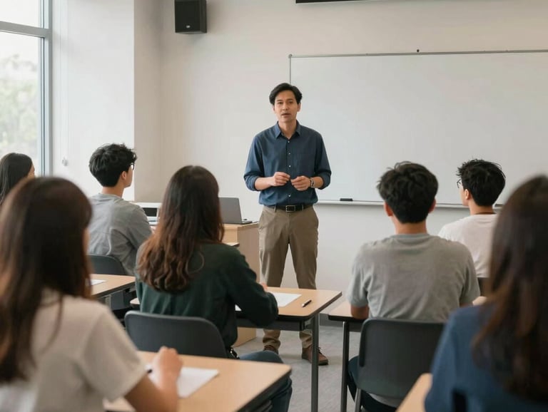 A bright, modern classroom in the US where a mentor is leading a mental health awareness workshop for attentive young adults.