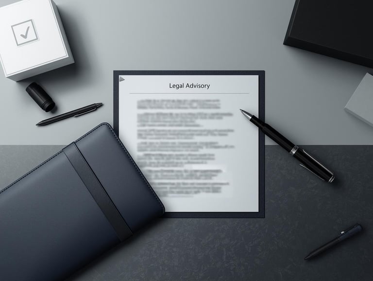 Documento de asesoría legal en escritorio, con libreta y plumas profesionales.