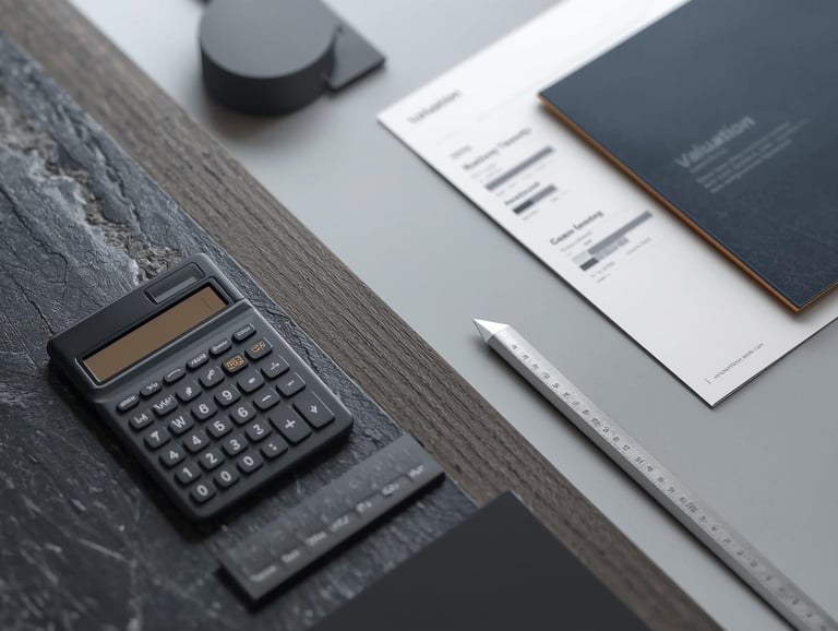 Calculadora financiera negra en escritorio, junto a regla y documentos de valuación.