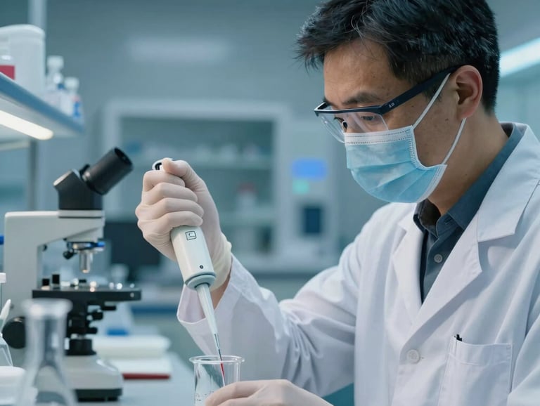 Clean, sharp photography of a professional researcher in a modern North American / International facility using a pipette over glass labware. Light blue and dark blue ambient lighting creates a sterile and advanced scientific mood.
