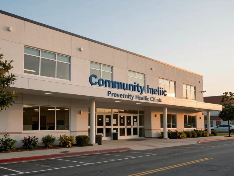 A wide shot of a community health clinic in the US, showing modern medical architecture and a focus on preventive care, evening light.