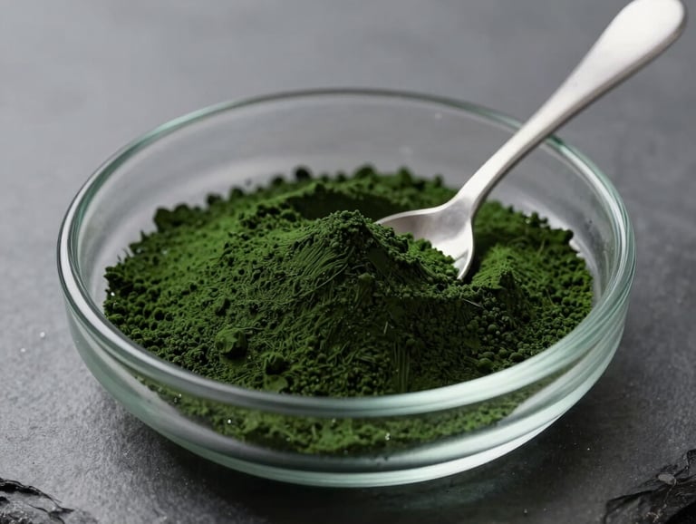 A pristine glass dish containing high-grade deep green spirulina powder with a minimalist stainless steel spoon on a sterile slate-colored surface.